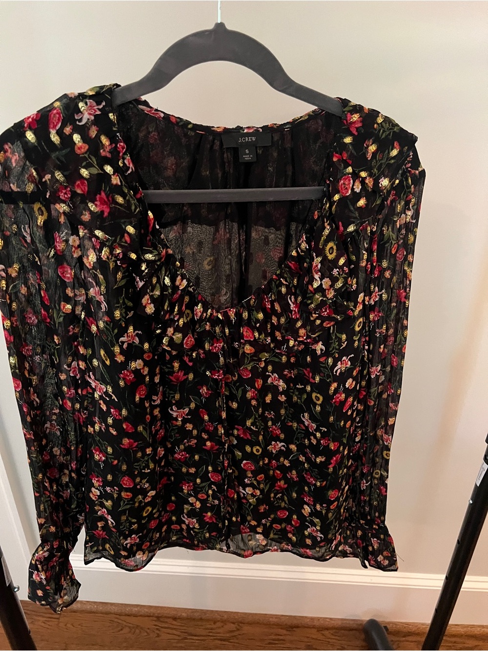 J. Crew Black Sheer Floral V-Neck Blouse